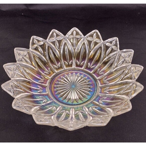 Vintage 50s Iridescent Atomic Starburst Celestial Rainbow Glass Bowl 10" - Picture 1 of 9